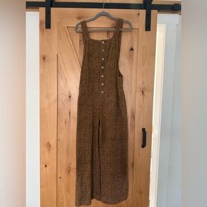 Brown Printed Button-Front Wide-Leg Jumpsuit, Leopard Print Denim Overalls Small